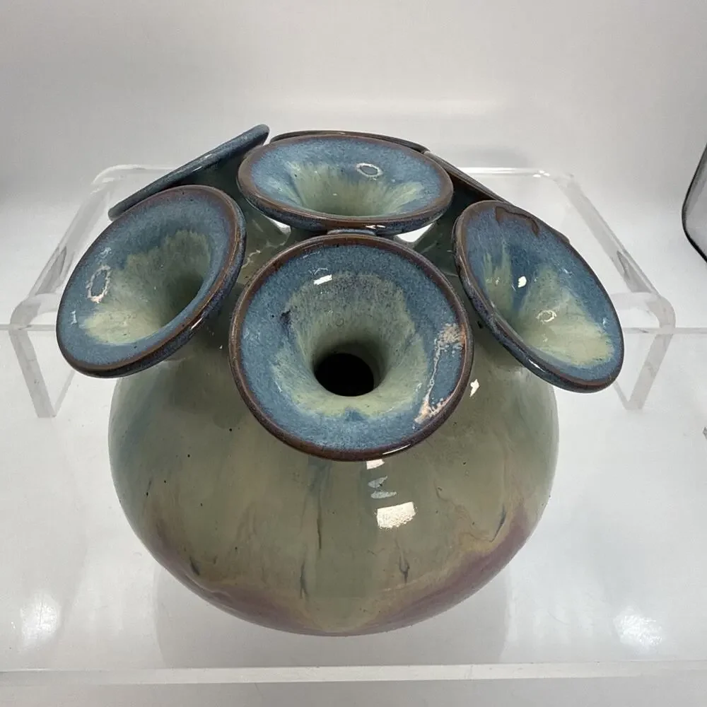 Ikebana Studio Pottery Signed Lee Mid Century Modern 7 Hole Vase Vessel Pastels